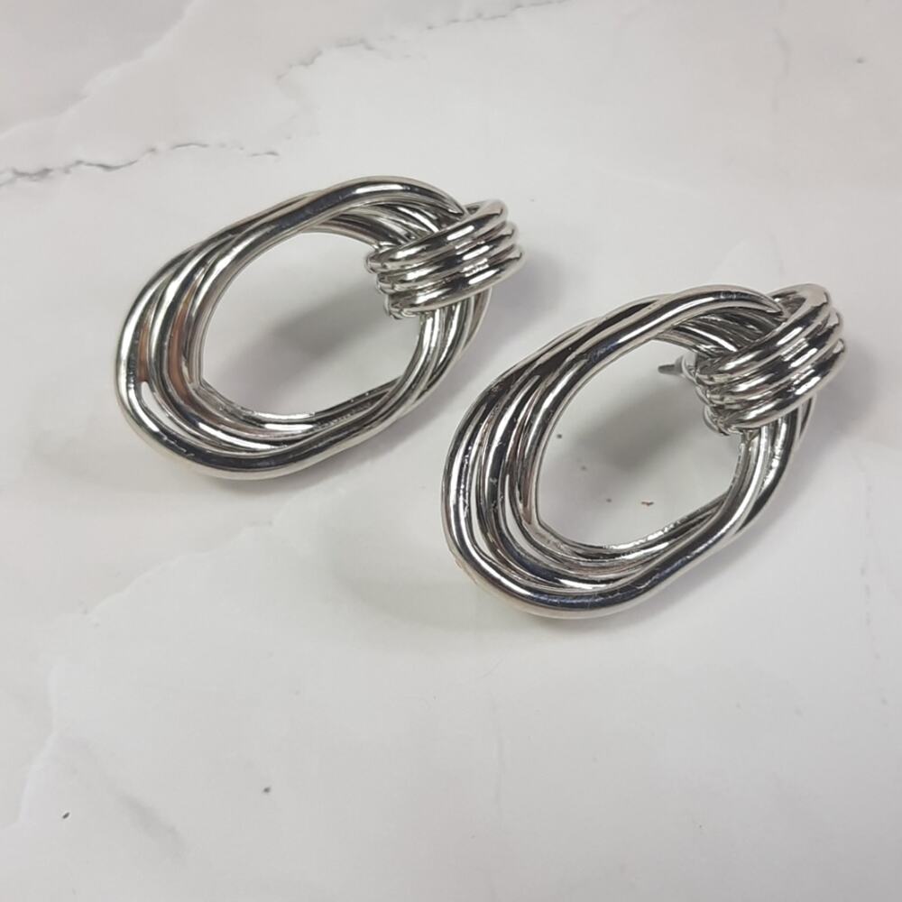 Silver Triple Twisted Oval Drop Earrings